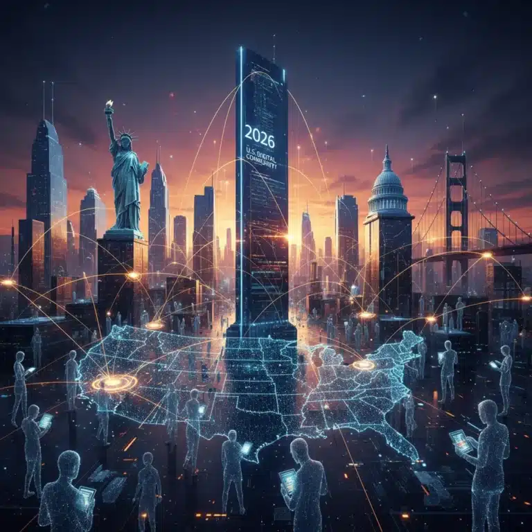 Futuristic digital city with glowing connections, representing modern online community building in the US.