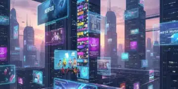 Futuristic cityscape with holographic screens showing diverse digital entertainment platforms.