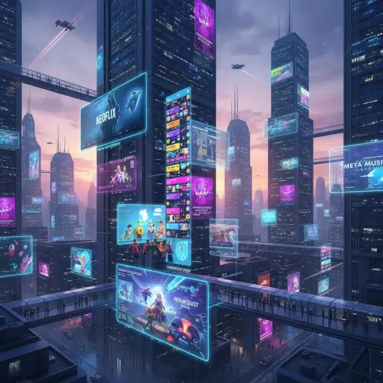 Futuristic cityscape with holographic screens showing diverse digital entertainment platforms.