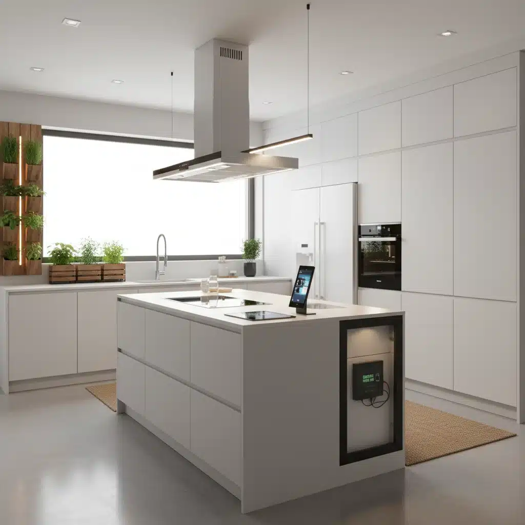 Modern kitchen with smart appliances and indoor herb garden demonstrating green technology