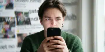 A thoughtful individual in a green sweater, partially lit by a smartphone, observing content as a blurred, fragmented digital world surrounds them, symbolizing an online echo chamber.