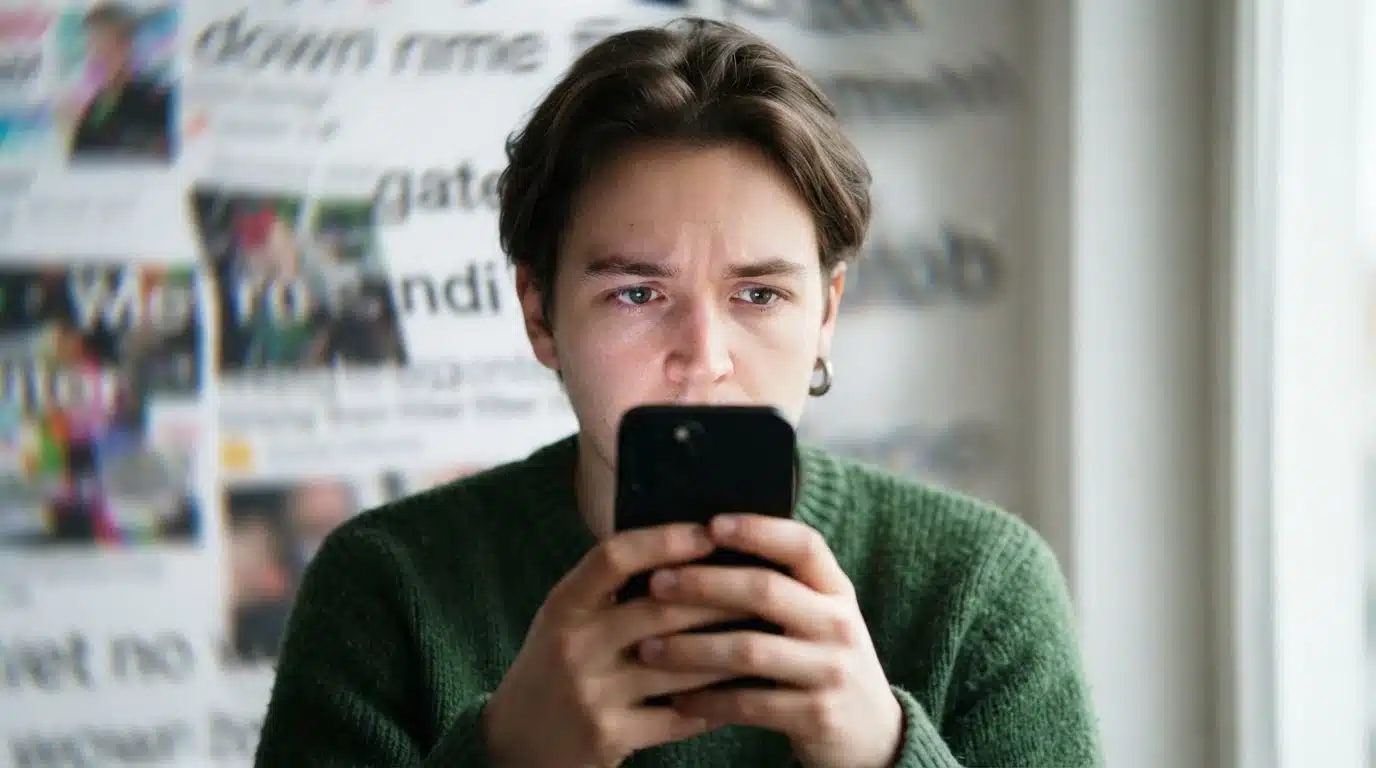 A thoughtful individual in a green sweater, partially lit by a smartphone, observing content as a blurred, fragmented digital world surrounds them, symbolizing an online echo chamber.