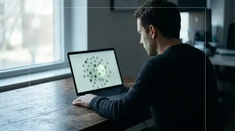 Over-the-shoulder view of an individual looking intently at a laptop screen displaying a network graph, symbolizing digital echo chambers and filtered information cocoons.