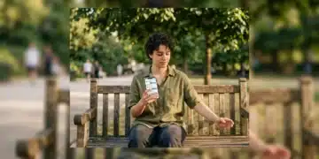 A young adult in a sun-dappled park, holding a smartphone with curated digital connections in one hand, while the other hand gestures towards an empty space, symbolizing the shift from physical to digital social interaction amidst evolving cultural dynamics.