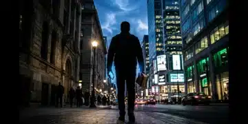 Navigating the New Social Landscape: A Beginner's Guide to Modern Cultural Shifts A low-angle, chiaroscuro photograph of an urban street at dusk, featuring a person walking past historical architecture and modern digital screens, symbolizing cultural shifts.