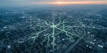 Navigating the New Normal: Expert Perspectives on Evolving Social Dynamics Aerial view of a city at dawn, showing geometric patterns of urban development with subtle green light flowing like new river channels, symbolizing rapid societal changes driven by digital communication.
