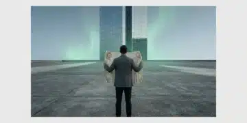 A person viewing a faded paper map at the edge of a modern city plaza, symbolizing resistance to cultural shifts and the illusion of stasis.