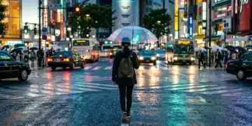 A person navigating a busy, rain-slicked city intersection at dusk, reflecting neon lights and traffic, symbolizing the interplay of cultural, digital, and social forces in modern life.