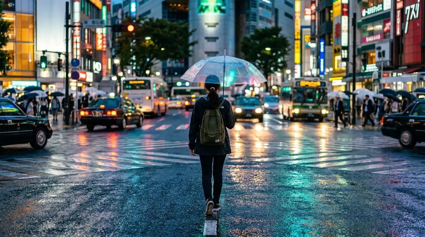 A person navigating a busy, rain-slicked city intersection at dusk, reflecting neon lights and traffic, symbolizing the interplay of cultural, digital, and social forces in modern life.