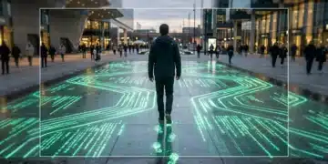 A person walking across a modern plaza where the ground glows with neon-green data streams and code patterns, symbolizing the vast digital footprint left by online interactions.