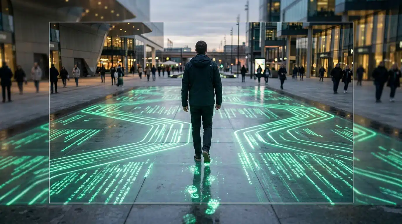 A person walking across a modern plaza where the ground glows with neon-green data streams and code patterns, symbolizing the vast digital footprint left by online interactions.