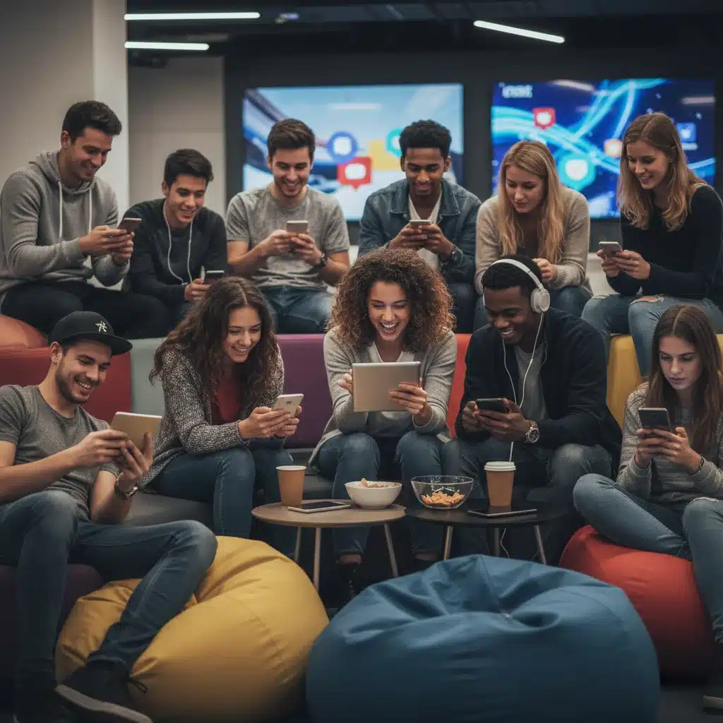 Diverse group engaging with smartphones, highlighting interactive social entertainment.