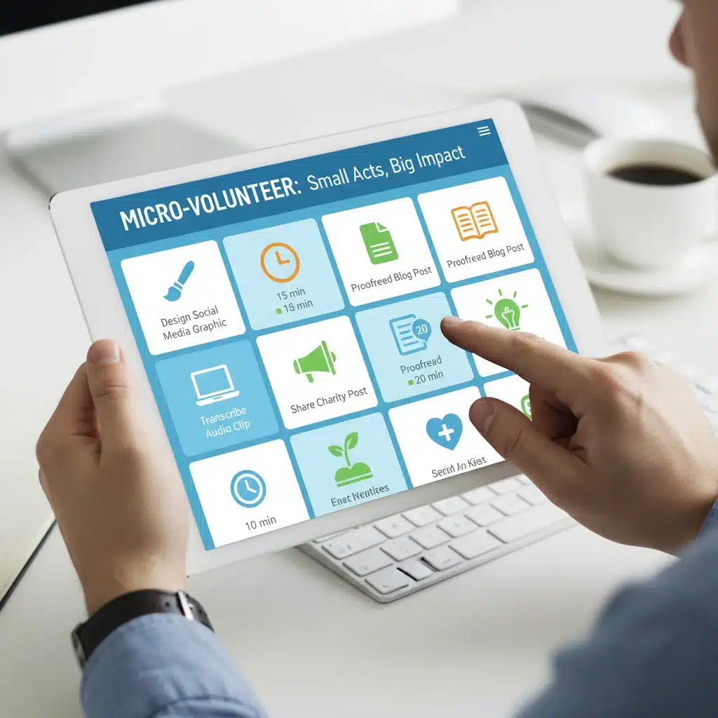 Digital platform showing micro-volunteering opportunities on a tablet