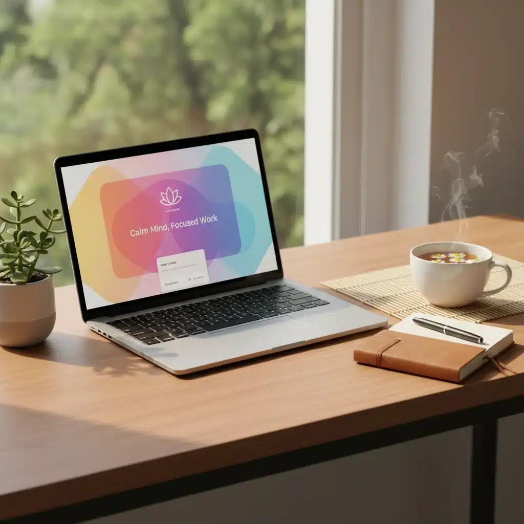 Organized desk with laptop showing mindfulness app, plant, journal, and tea, promoting digital health.
