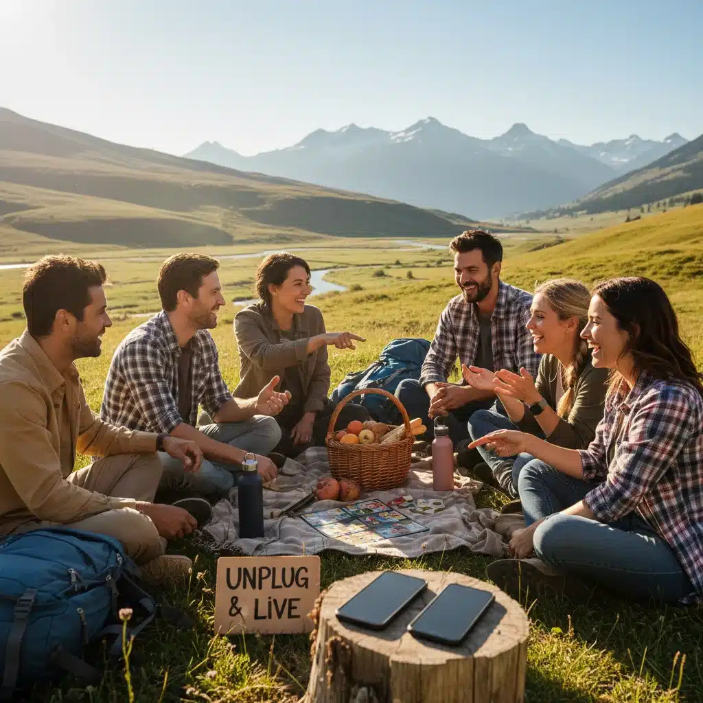 Diverse group enjoying outdoor activity, smartphones off, symbolizing digital detox and real-world connection.