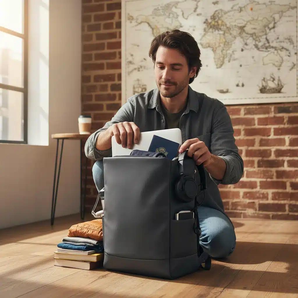 Person packing a minimalist backpack with laptop and travel essentials, preparing for a digital nomad journey.