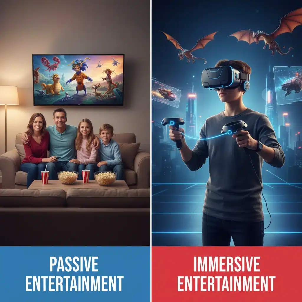 Split screen: family watching TV versus person in VR headset, illustrating entertainment evolution.