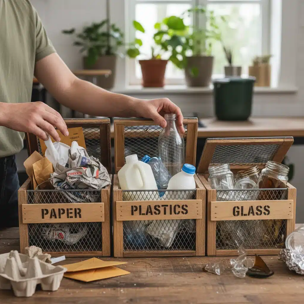Hands sorting recyclable materials into separate bins for paper, plastic, and glass