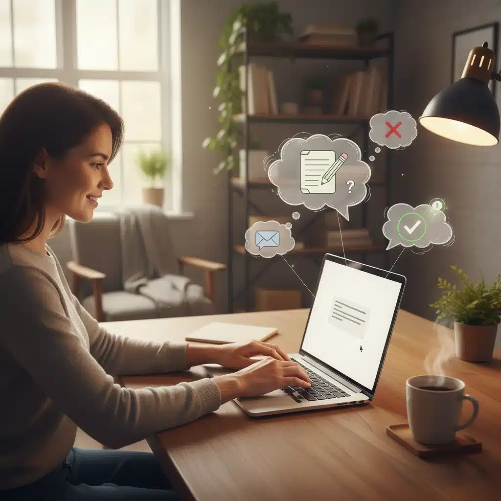Person carefully composing a message on a laptop, emphasizing thoughtful online communication.