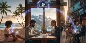 Digital nomads working remotely across diverse U.S. landscapes, connecting through technology in 2026.