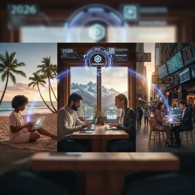 Digital nomads working remotely across diverse U.S. landscapes, connecting through technology in 2026.
