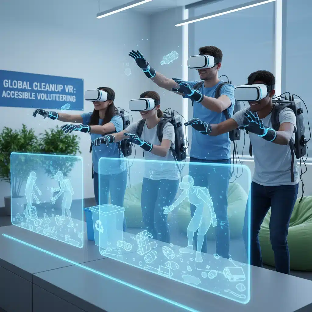 Young diverse volunteers using VR for a simulated environmental project
