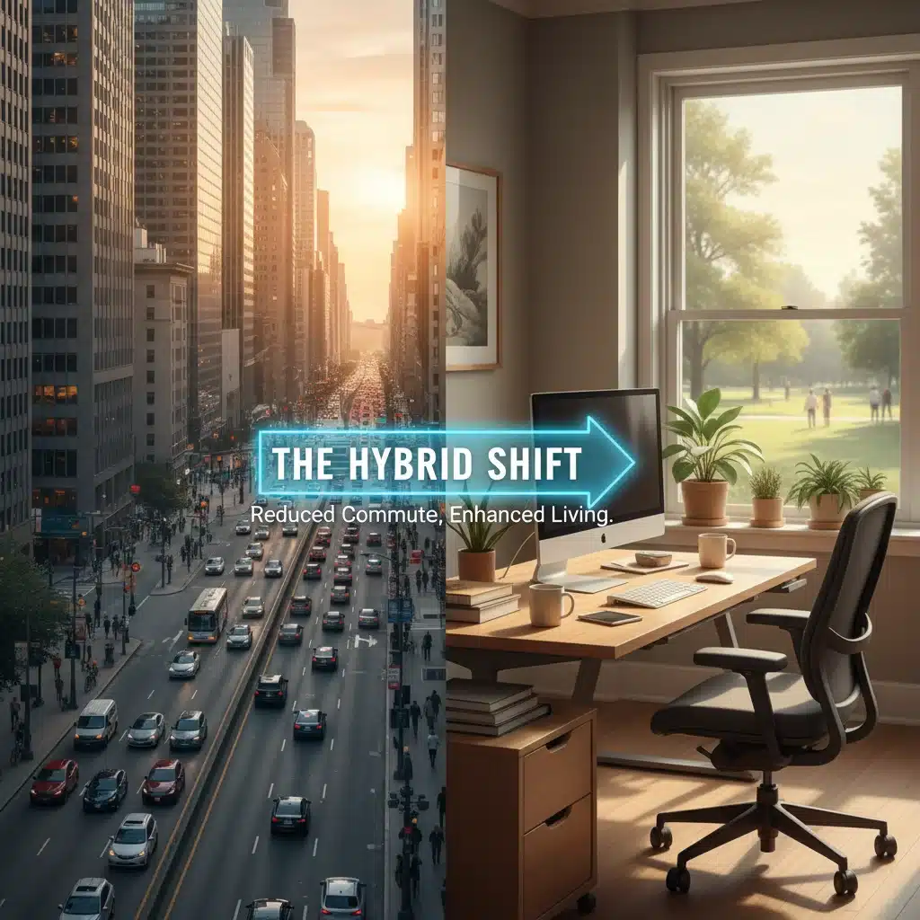Split image showing reduced city commute and home office setup, reflecting hybrid work shifts.