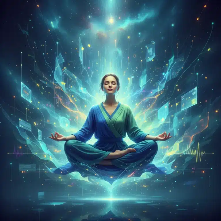 Person meditating with digital interface overlay, symbolizing digital wellness and balance