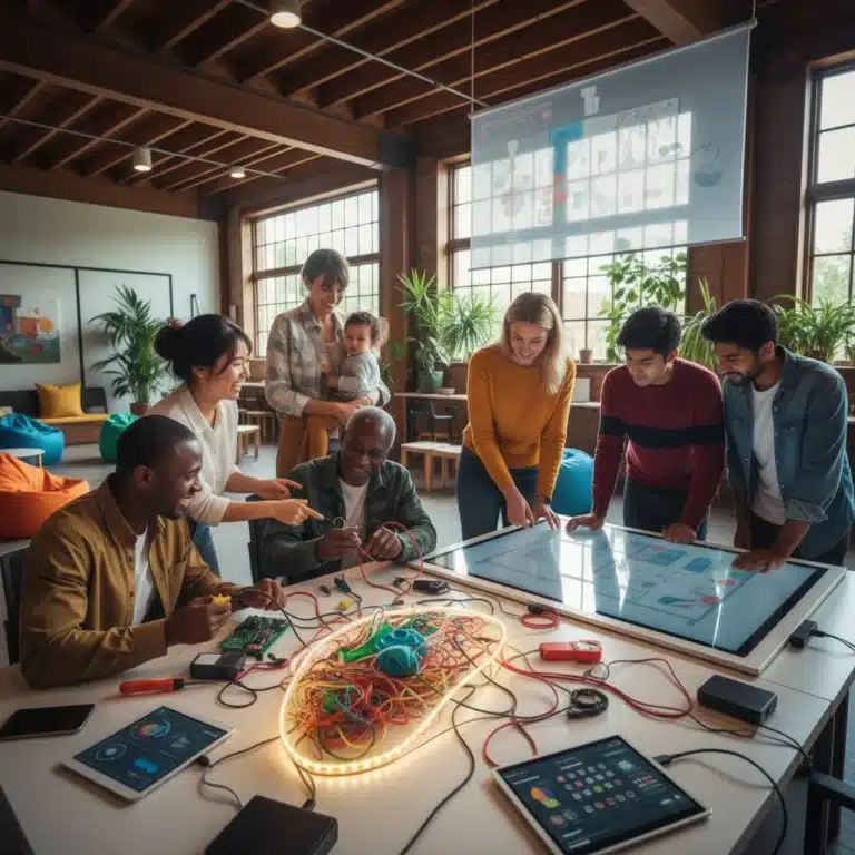 Diverse individuals connecting in a micro-community setting, fostering social belonging.
