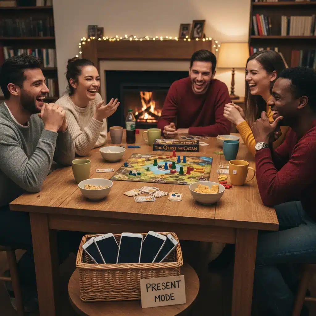 Friends enjoying board game night, present moment connections