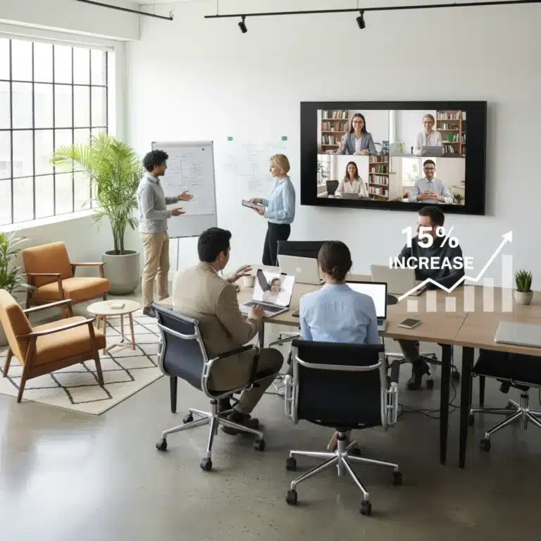 Professionals collaborating in a modern hybrid office, symbolizing the 15% increase in hybrid work models and future commute changes.