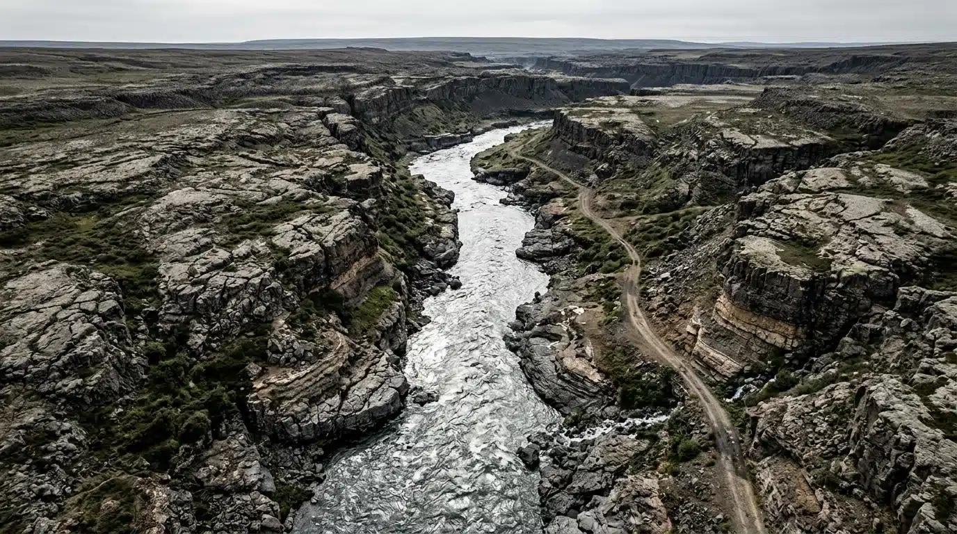 A bird's-eye view of a turbulent river cutting through a fractured, evolving landscape under an overcast sky, symbolizing rapid cultural shifts and societal changes.