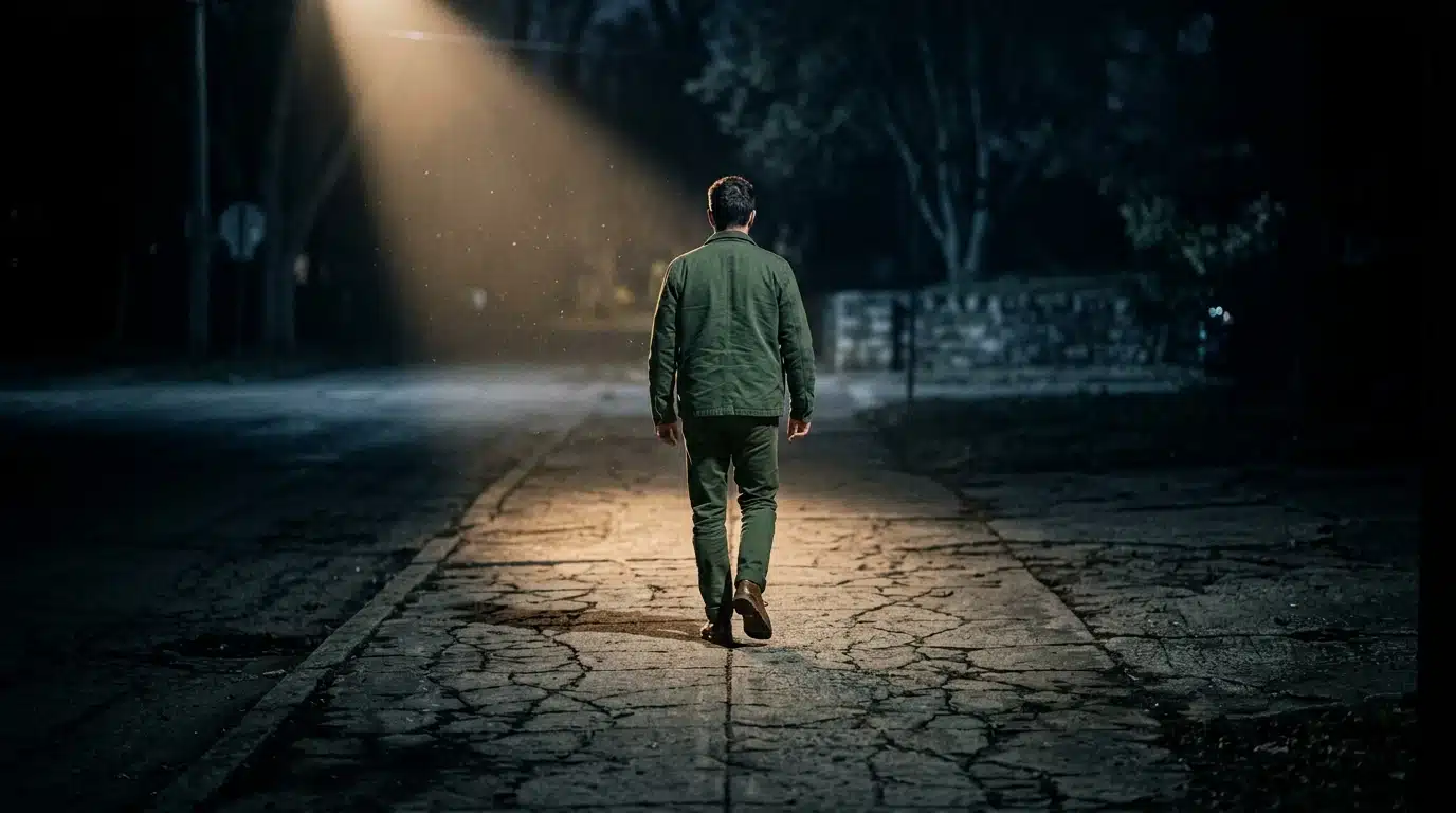 A person walking on a cracked sidewalk, illuminated by a single dramatic light beam, symbolizing early cultural shifts and subtle societal indicators.