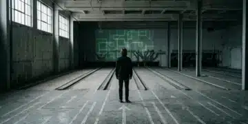An empty, silent former bowling alley, now a stark community center space, with a person looking at a subtle green geometric digital projection on the far wall, symbolizing the erosion of traditional third places.