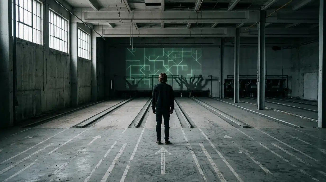 An empty, silent former bowling alley, now a stark community center space, with a person looking at a subtle green geometric digital projection on the far wall, symbolizing the erosion of traditional third places.