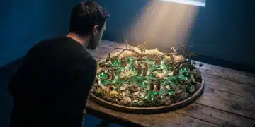 Architecting Resilience: Advanced Strategies for Navigating Cultural and Digital Flux Person observing an intricate physical model illustrating the complex, interconnected ecosystems of cultural, digital, and social dynamics on a wooden table, under dramatic chiaroscuro lighting.