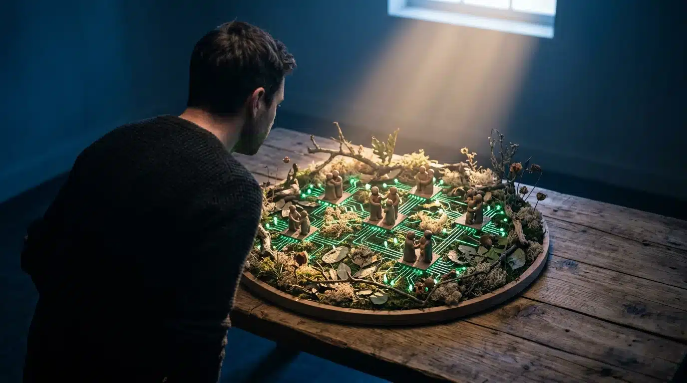 Person observing an intricate physical model illustrating the complex, interconnected ecosystems of cultural, digital, and social dynamics on a wooden table, under dramatic chiaroscuro lighting.