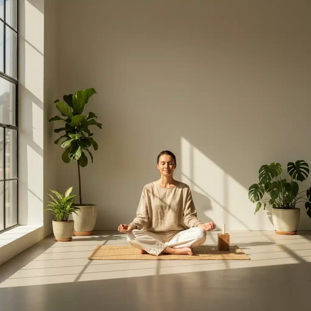 Person meditating peacefully in minimalist room, digital detox