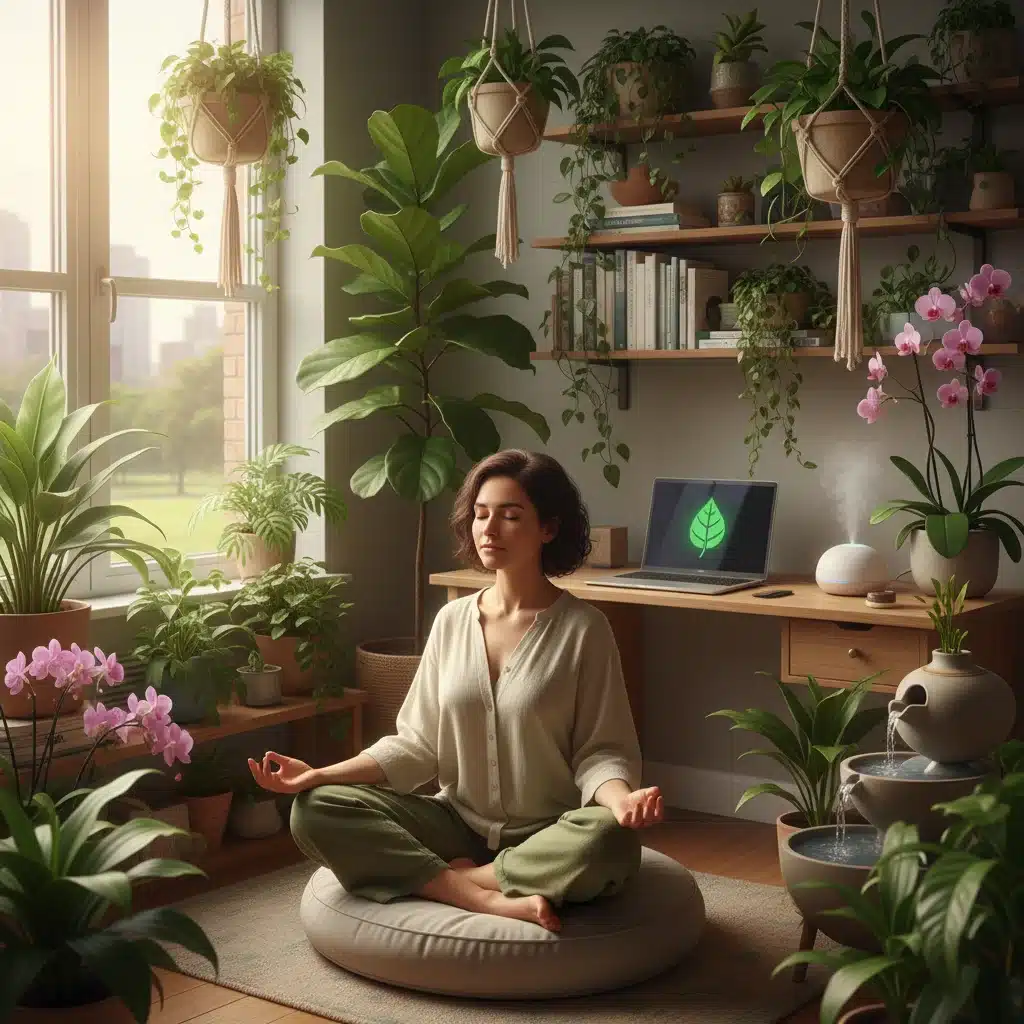 Employee prioritizing mental health with meditation in a calm home office.