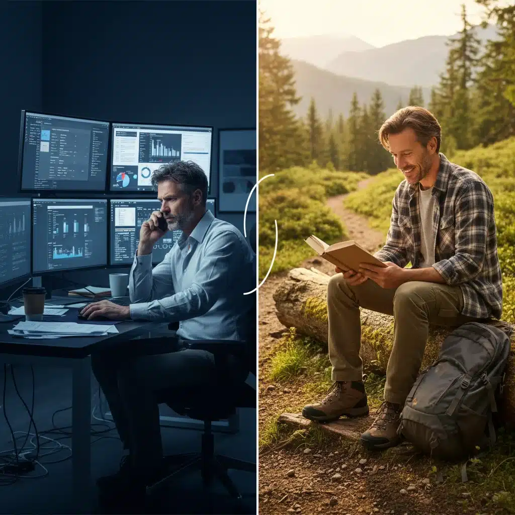 Tech executive balancing work and leisure, demonstrating digital wellness