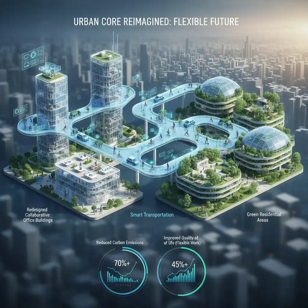 Futuristic urban planning infographic showcasing smart transportation and redesigned spaces due to hybrid work models.