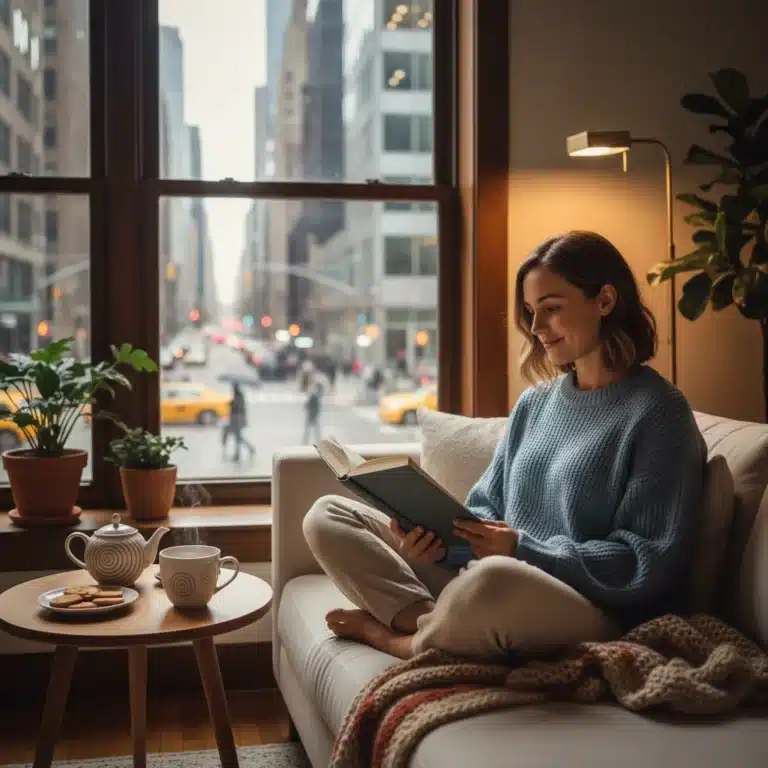 Woman finding peace reading at home, embracing JOMO